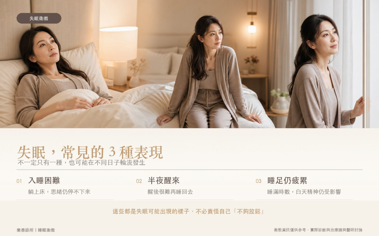 失眠常見三種表現：入睡困難、半夜醒來、睡足仍疲累｜樂善診所睡眠衛教
