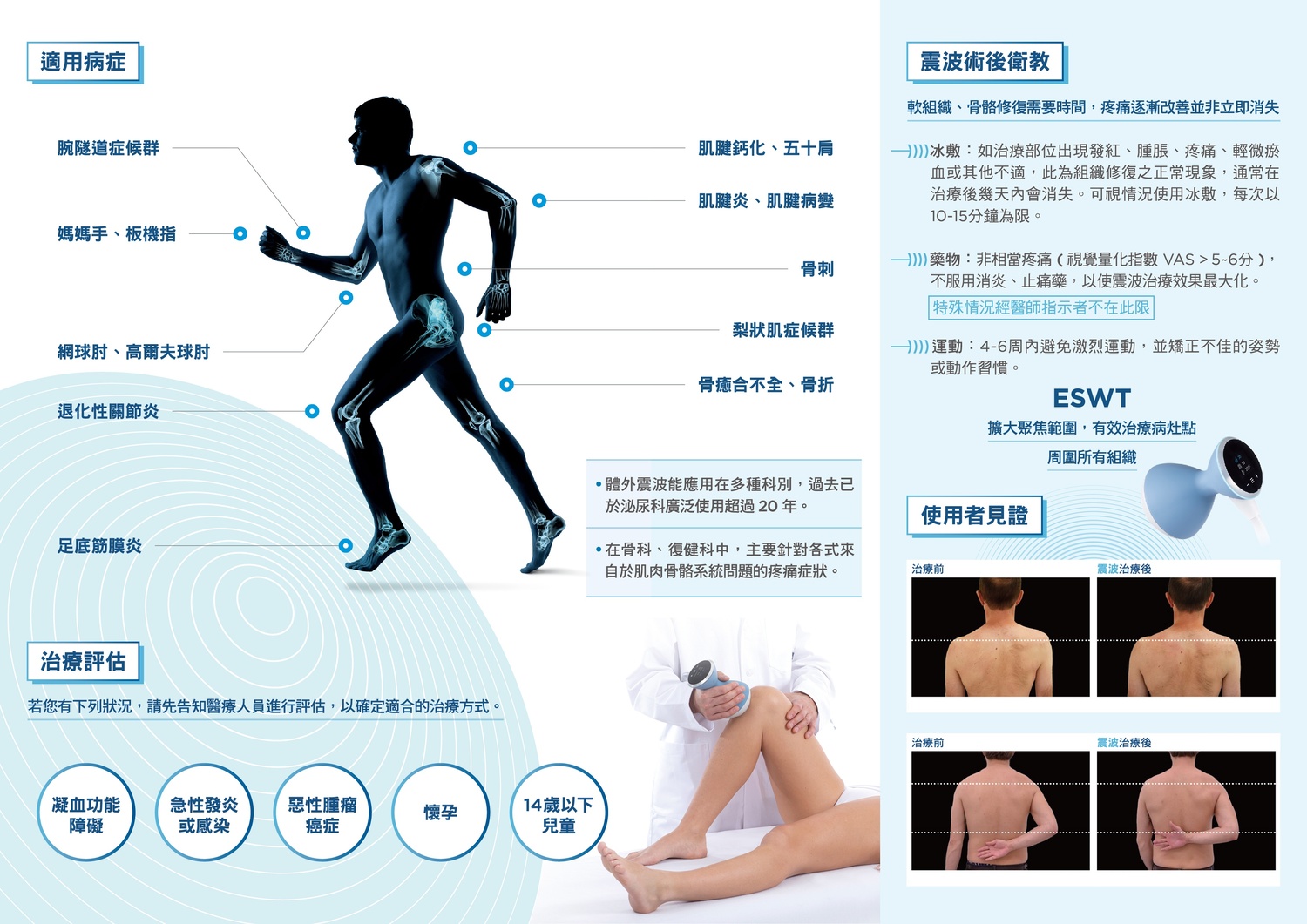 足底筋膜炎,滑囊炎,肩頸疼痛,五十肩,下背痛,膝關節退化,肌筋膜疼痛症候,鈣化性肌腱炎,足跟骨刺,肩關節鈣化,骨折癒合 足底筋膜炎,滑囊炎,肩頸疼痛,五十肩,下背痛,膝關節退化,肌筋膜疼痛症候,鈣化性肌腱炎,足跟骨刺,肩關節鈣化,骨折癒合